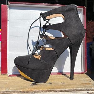 Black with Gold accent lace up platform heels